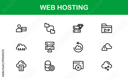 Professional Web Hosting Icons with Server, Domain, and Cloud Elements in Clean Line Art Style