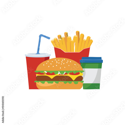 Delicious fast food combo burger fries soda coffee