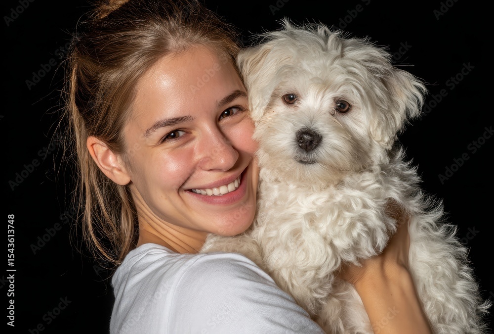 Happy woman smiling while holding cute fluffy puppy in dark background Happy woman smiling while holding cute fluffy puppy in dark background
