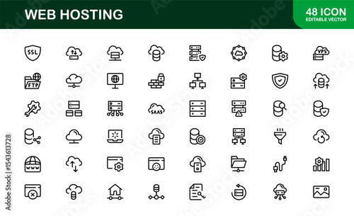 Professional Web Hosting Icons with Server, Domain, and Cloud Elements in Clean Line Art Style