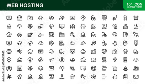 Professional Web Hosting Icons with Server, Domain, and Cloud Elements in Clean Line Art Style