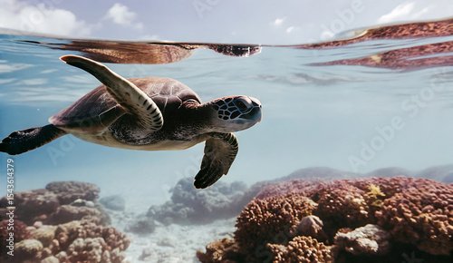 Fototapeta Naklejka Na Ścianę i Meble -  Majestic Sea Turtle Gracefully Swimming in Vibrant Coral Reef