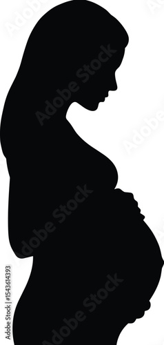 Silhouette of pregnant woman with baby bump, side profile view, maternity illustration, motherhood concept, expecting mother pose, black and white vector image, isolated background