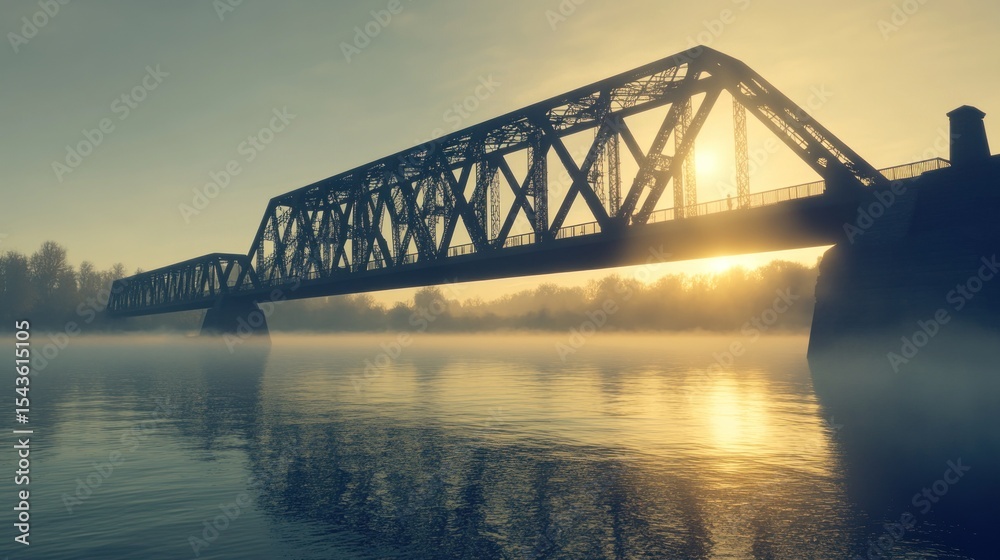 Naklejka premium Steel railway bridge at dawn over river