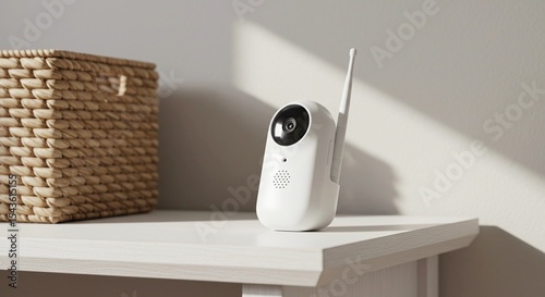 Baby monitor sitting on a white table with natural light background  