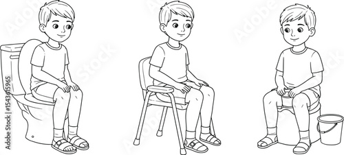 Boy sitting on toilet, chair, and potty, stages of potty training for kids, child hygiene education, toilet training process, step-by-step learning routine illustration.