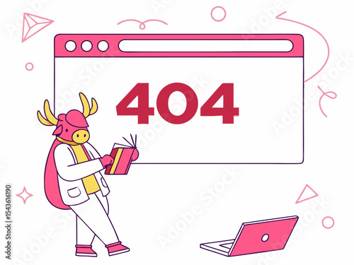 Playful vector creature chewing on webpage with large 404 error and minimal white background