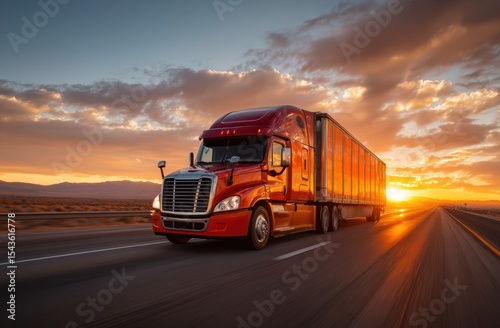 Red semitruck speeds on an open highway illuminated by a dramatic sunset with orange sky