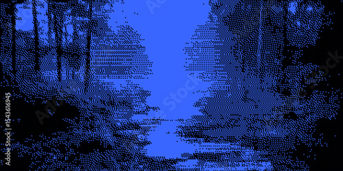 Blue Glitch Forest Background. Pixel Landscape in Cyberpunk Style