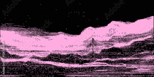 Pixel Art Glitch Background with Noise and Retro Landscape