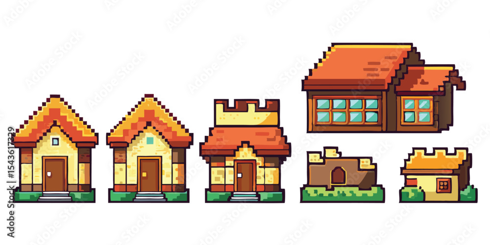 Fototapeta premium Pixel Art House Sprite Sheet – Small Pixel Home Animation in 8-bit 16-bit 32-bit