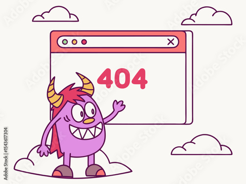 Cute purple monster playfully chewing browser window with bold red 404 message