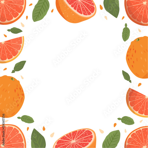 Vector grapefruits frame, isolated on white background. Grapefruits and leaves and seeds. Cute colourful summer fruits.