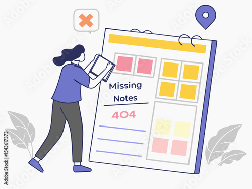 Minimal flat illustration of web application showing 404 error and disappearing whiteboard content