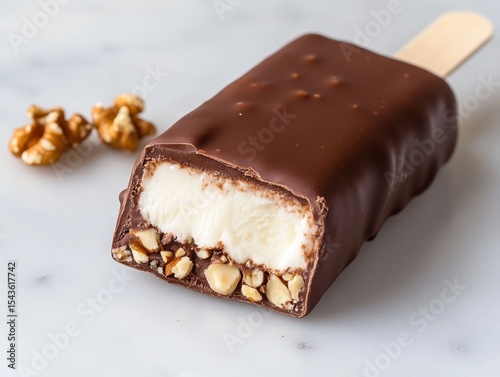 A chocolate-dipped ice cream bar with crunchy nuts, a bite taken out to reveal the inside