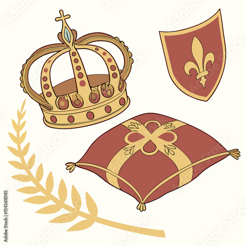 Royal Crown, Cushion, Shield and Laurel Branch Vector Set