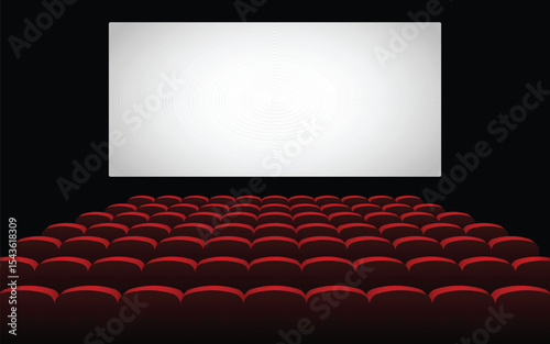 Interior of a theater auditorium with red seats and a large white screen.