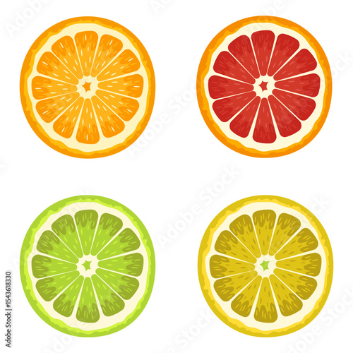 Assorted citrus slices: orange, grapefruit, lime, and lemon halves graphic