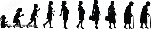 Life stages of a woman from childhood to old age, aging process concept, female growth cycle, human evolution timeline, aging journey vector illustration for health, education, awareness.