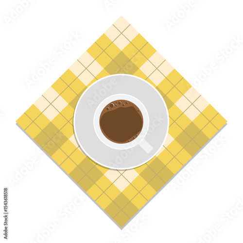 Overhead flat lay of coffee in white mug on a checkered yellow tablecloth
