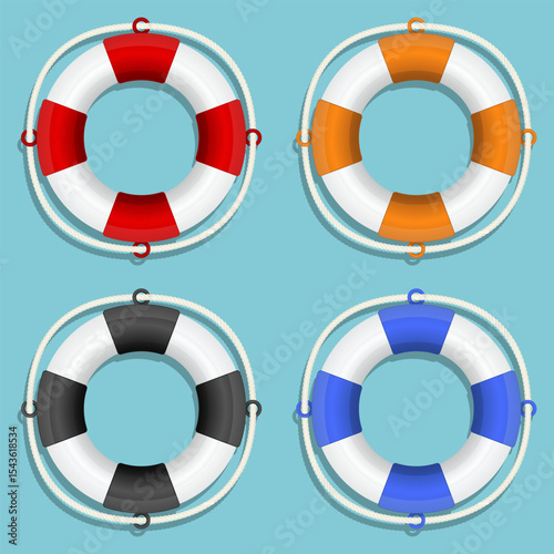 Colorful life preservers floating on a blue backdrop for water safety appeal