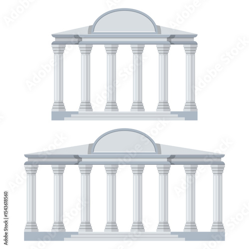 Two buildings with columns evoke classic architecture and historical design.