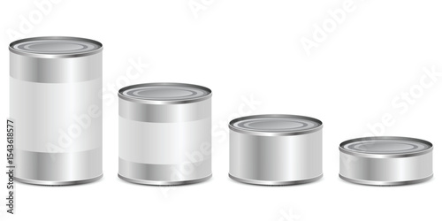 Four silver food cans of varying sizes stand in a line on a white surface.