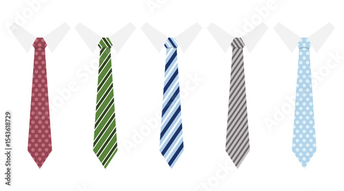 Five colorful ties displayed against crisp white collars, ready for work.