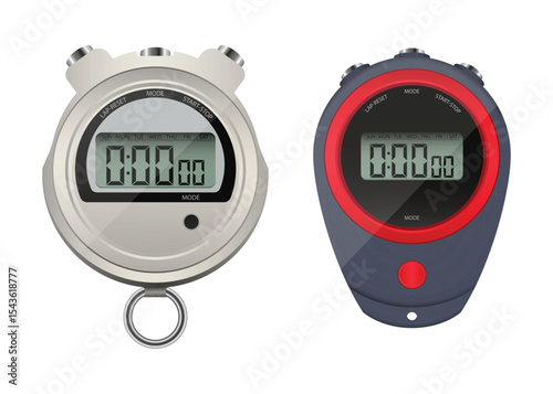 Two digital stopwatches side by side, one silver and one red and black.