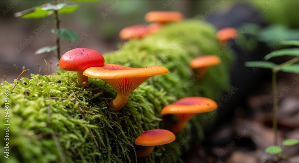 Macro Shot of Colorful Autumn Mushrooms Growing on Mossy Log Macro Shot of Colorful Autumn Mushrooms Growing on Mossy Log