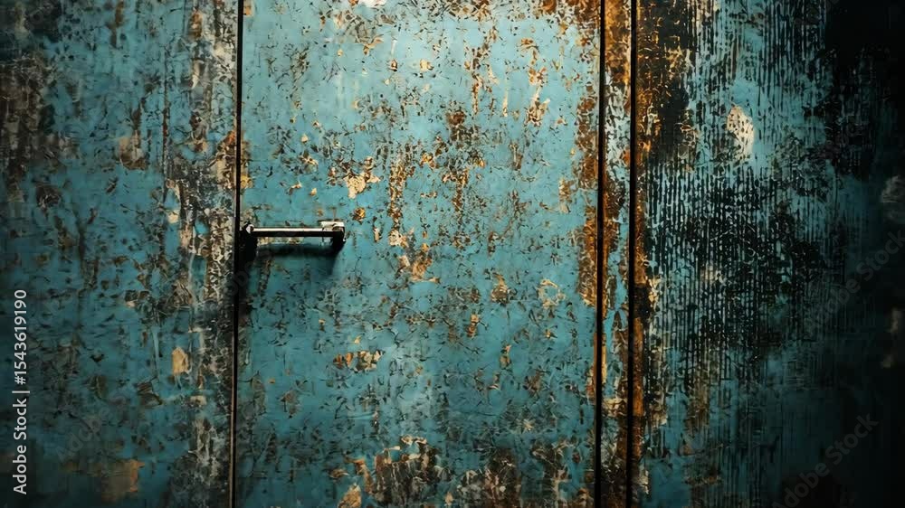 Weathered teal metal door with rust and peeling paint, showing age and texture