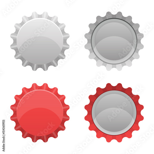 Four bottle caps in red and silver with a geometric, patterned design.