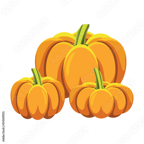 Trio of orange gourds with green stems on a white background artwork.