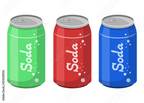 Three colorful soda cans: green, red, and blue, side by side. Refreshments