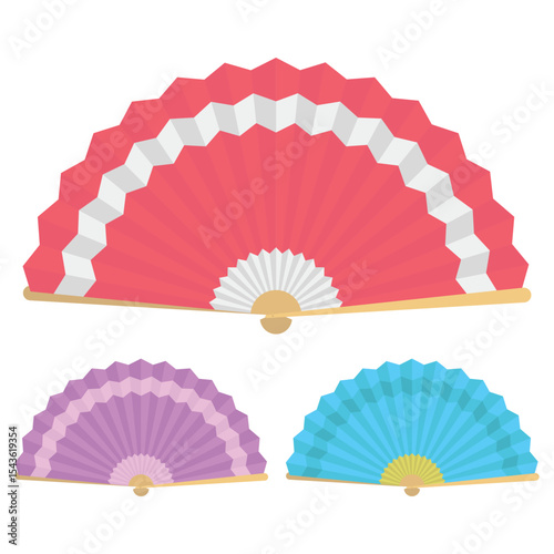 Three decorative hand fans with different colors and patterns art design