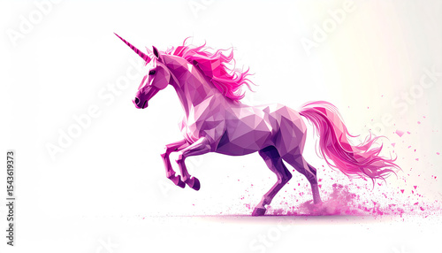 A vibrant, low-poly unicorn with flowing pink mane runs dynamically against a soft, light background, exuding a sense of magic and whimsy
