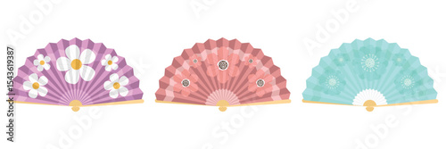 A trio of ornate, decorative folding fans with floral designs on a white background.