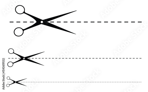 Scissors cutting along dotted lines, in varied scales and different sizes
