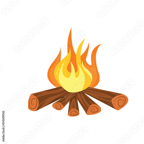Illustration of a blazing campfire with orange and yellow flames on logs.