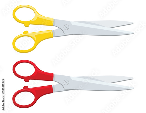 Two pairs of scissors, one with yellow handles, one with red handles.