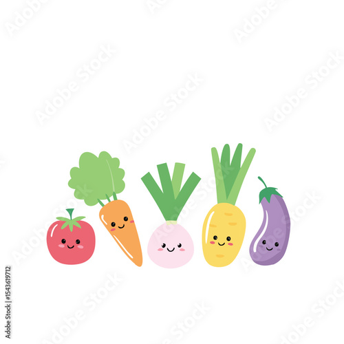 Happy vegetables cartoon illustration cute tomato carrot onion parsnip eggplant