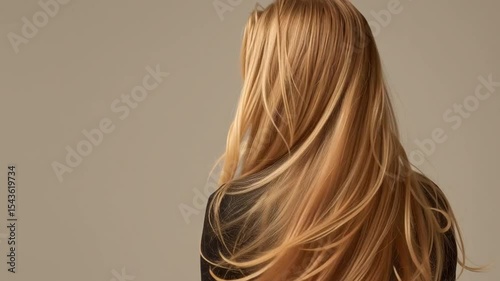 Long, radiant blonde hair takes center stage in this refined portrait, draping naturally down the back with softness and shine.
