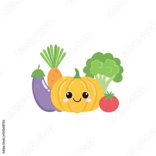 Happy vegetables cute cartoon illustration pumpkin carrot broccoli eggplant tomato