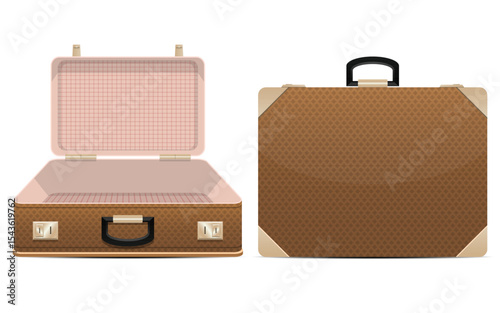 Illustration of an open and a closed vintage-style, brown patterned suitcase