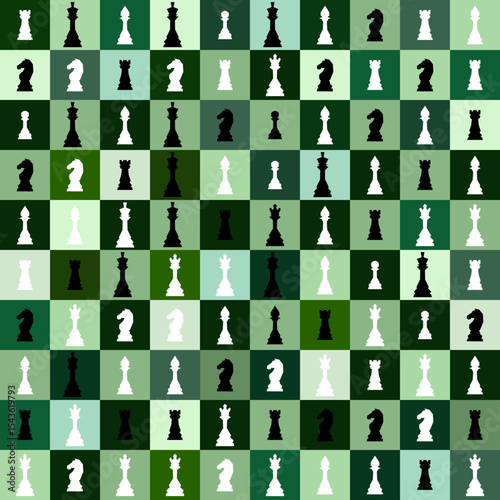 Abstract Seamless pattern in chess style with chess figures and chessboard for design, textile, fabric, surface textures, packaging, scrapbooking, chess school or chess club.