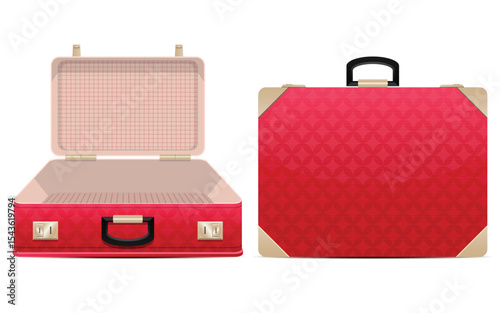 Pair of retro patterned suitcases, one open and one closed on a white backdrop