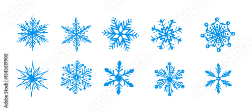 Cartoon collection of blue snowflakes for winter or holiday decoration. Drawing elements for Christmas designs, seasonal banners or greeting cards
