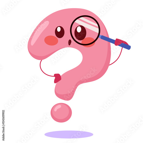 Cartoon illustration of a cute question mark character holding a magnifying glass. Drawing for searching, curiosity, problem-solving, or educational concepts
