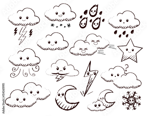 Cartoon illustration featuring a collection of cute hand-drawn weather icons, including clouds, stars, moons, thunders, and snowflakes. Drawing for children’s design, stationary or bedtime stories