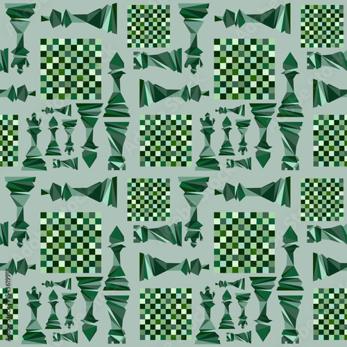Abstract Seamless pattern in chess style with chess figures and chessboard for design, textile, fabric, surface textures, packaging, scrapbooking, chess school or chess club.